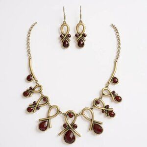 Brown Lucite Bead Stud On Burnish Gold Tone Necklace Earring Set